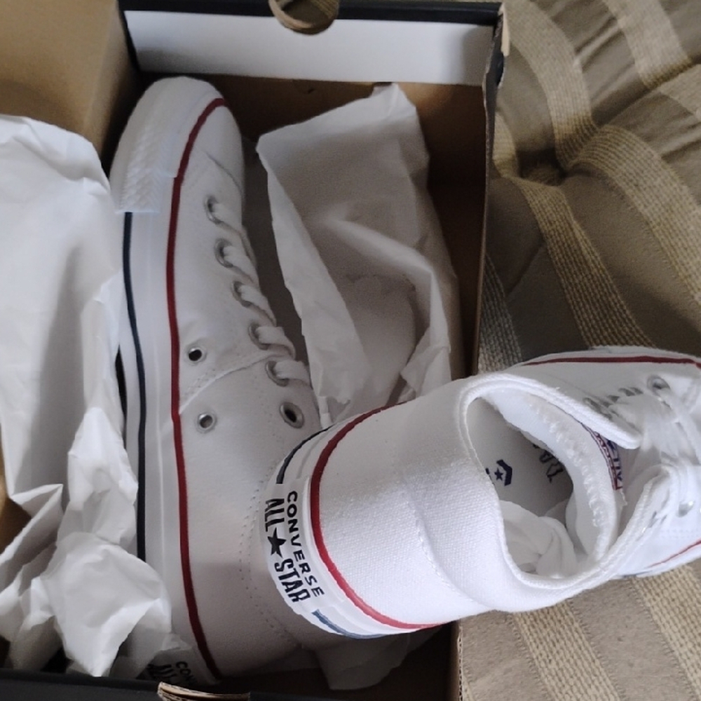 Converse White High-Top Sneakers with Red and Blue Accents